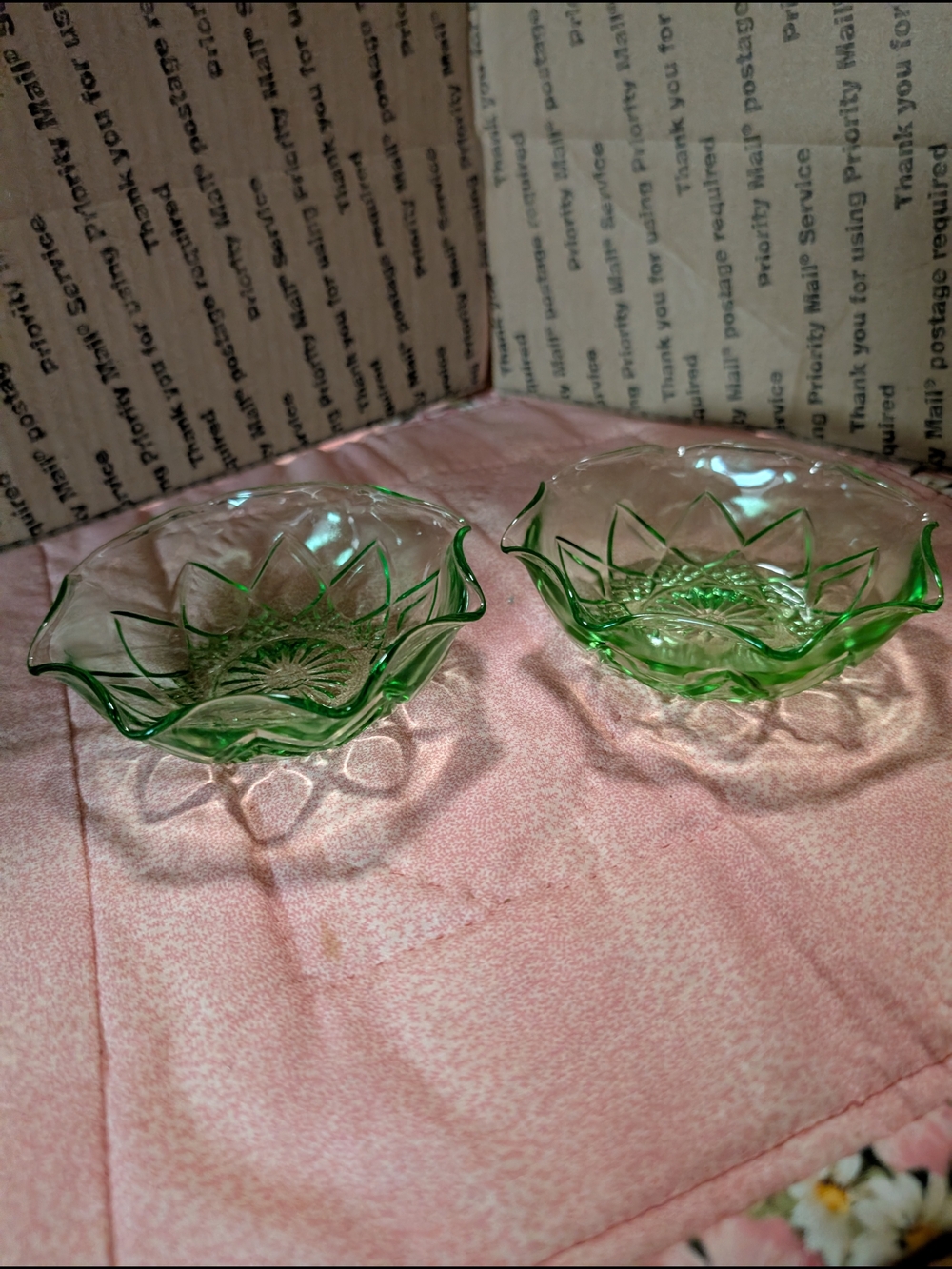 —Vintage Hazel Atlas Green Uranium Depression Glass Bowls Pair
